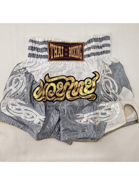 Unbranded Other - Muay Thai Boxing Shorts Men Women Size L Fonts Gray Gold Satin Patch Kickboxing